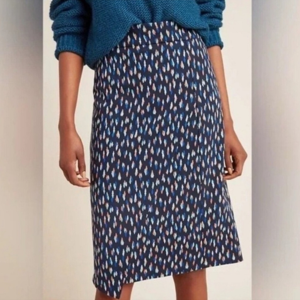 ♧ Maeve Debra Faux Wrap Knit Pencil Skirt Size 10 Navy Blue & Multi Color Print